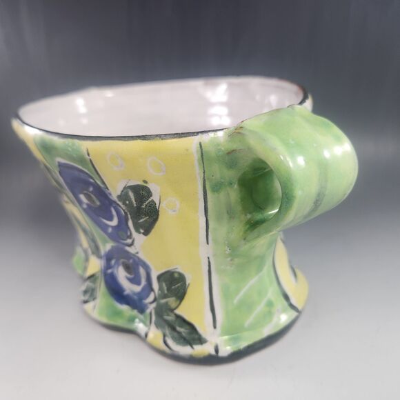 Posey Bacopoulos Vase Planter Studio Pottery OOAK Signed Yellow Floral Rustic - Picture 2 of 7